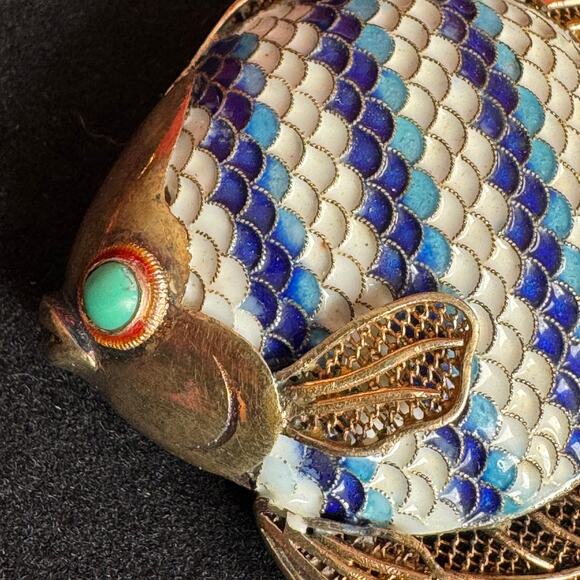 Vtg Solid Gilded Silver & Cloisonne Angel Fish Brooch/Pendant Lapis Eye 1950's - Picture 2 of 9